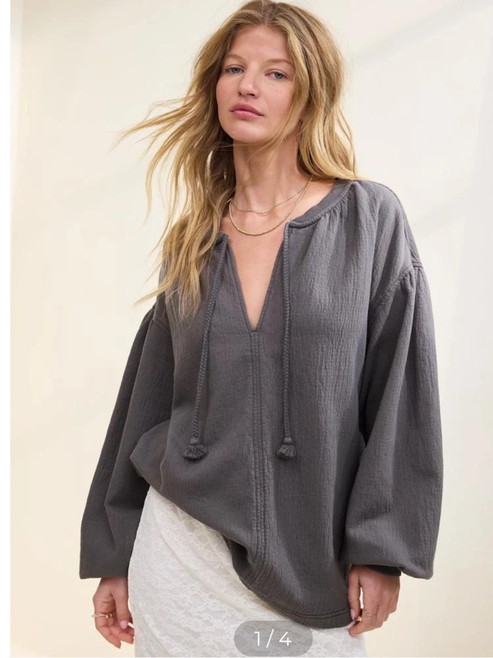NWT aerie Easy Street oversized Charcoal Gray Peasant Tie-Neck Tunic Size XXS